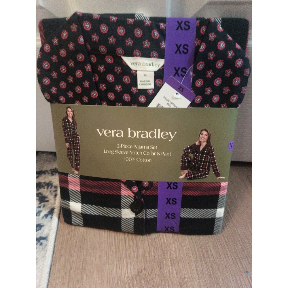 Vera Bradley Women's 2-Piece Long Sleeve Notch Collar & Pant PJ Set, Red, Sz XS